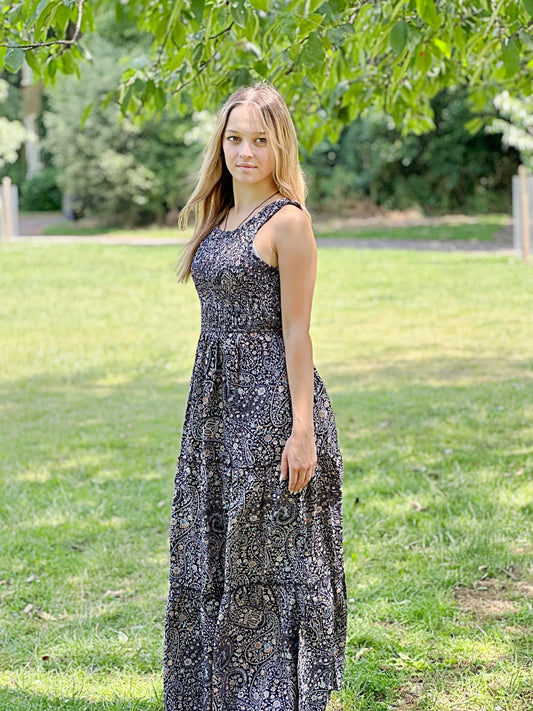 Maxi Tier Paisley Emerald Black Bodice Racer Oriental Floral Silky Blend Dress Elegant Comfy Daywear Casual Mommy Girly Chic Boho | Keyhole