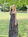 Maxi Tier Paisley Emerald Black Bodice Racer Oriental Floral Silky Blend Dress Elegant Comfy Daywear Casual Mommy Girly Chic Boho | Keyhole