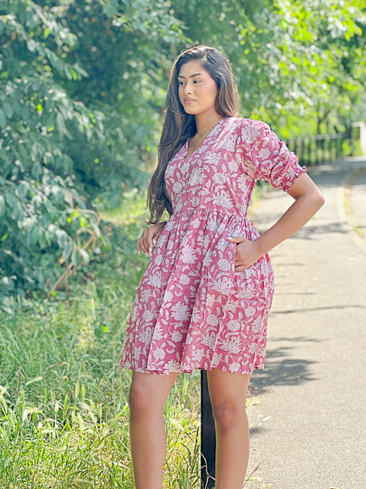 Pure Cotton Dress Indian Block Print Colourful Summer Earthy Elegant Comfy Daywear Beach Outfit Soft Sage Pink White Spring Dream Love