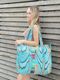 Quilted Velvet Cotton Reversible Oversize Tote Bag | Aqua Ocean Turquoise Ikat