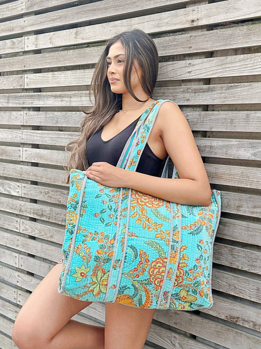 Quilted Velvet Cotton Reversible Oversize Tote Bag |  Aqua Ocean Turquoise Floral