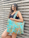 Quilted Velvet Cotton Reversible Oversize Tote Bag |  Aqua Ocean Turquoise Floral