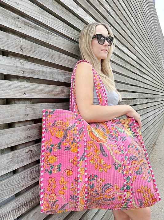 Quilted Velvet Cotton Reversible Oversize Tote Bag | Hot pink Floral