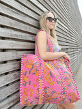 Quilted Velvet Cotton Reversible Oversize Tote Bag | Hot pink Floral