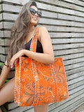 Quilted Velvet Cotton Reversible Oversize Tote Bag | Hot Orange Floral