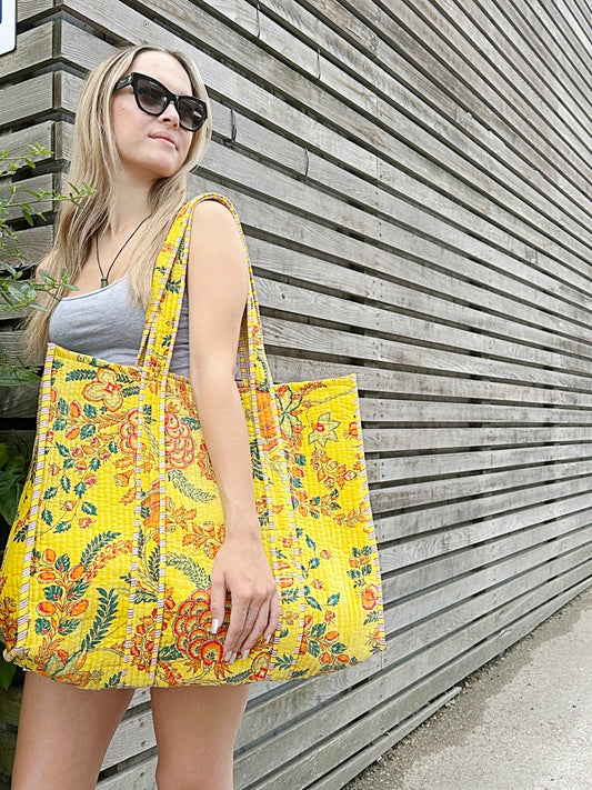 Quilted Velvet Cotton Reversible Oversize Tote Bag | Bright Yellow Floral