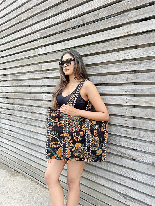 Quilted Velvet Cotton Reversible Oversize Tote Bag |  Black Green Orange Floral