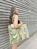 Quilted Velvet Cotton Reversible Oversize Tote Bag | Light Olive Green Ikat