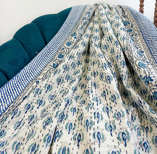 High Quality Hand dyed Shibori Kantha Throws in 100% Cotton-Bluey green