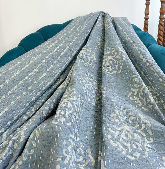 High Quality Hand dyed Shibori Kantha Throws in 100% Cotton-Grey Gris White Tribal Motif