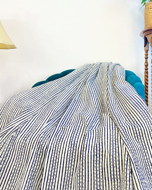 High Quality Hand dyed Shibori Kantha Throws in 100% Cotton-Blue stripe