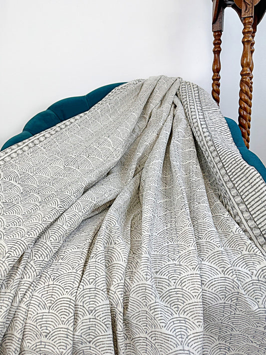 High Quality Hand dyed Shibori Kantha Throws in 100% Cotton-Elegant White Grey Japanese Cloud Wave