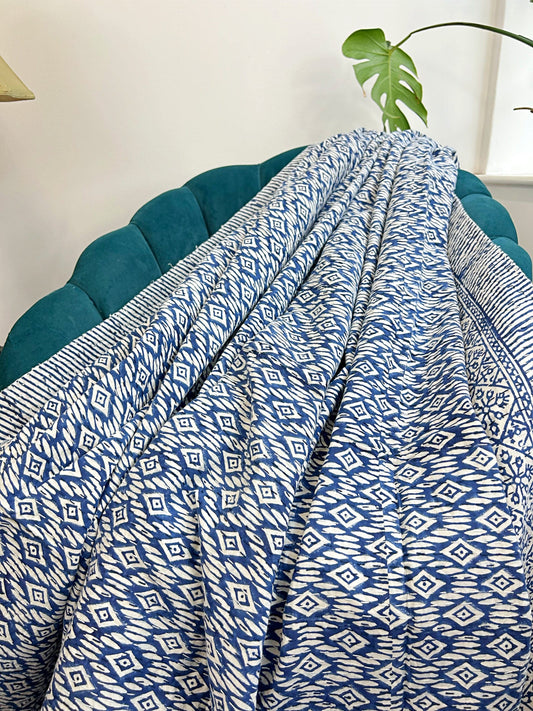 High Quality Hand dyed Shibori Kantha Throws in 100% Cotton-Diamond Weave White Blue French Stripe