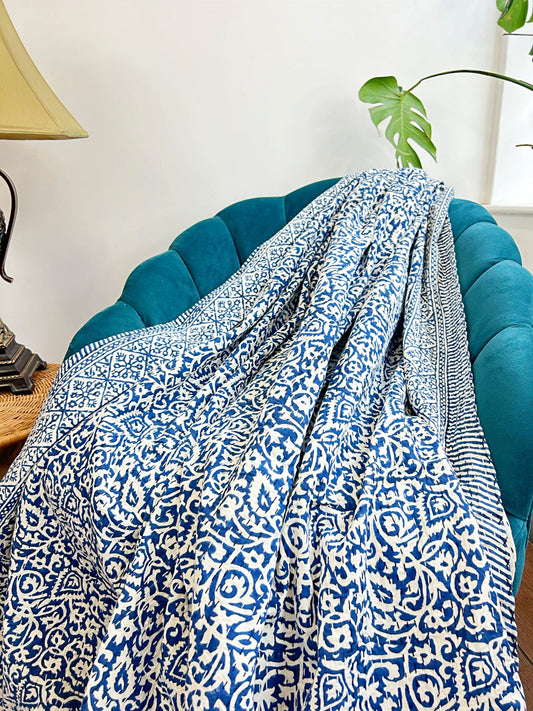High Quality Hand dyed Shibori Kantha Throws in 100% Cotton- Floral Leaves Weave Blue White Rustic