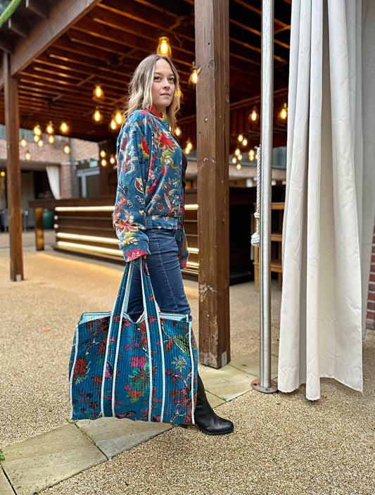 Quilted Velvet Cotton Reversible Oversize Tote Bag |  Rich Teal Pink Orange