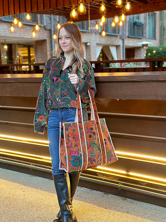 Quilted Velvet Cotton Reversible Oversize Tote Bag |  Orange Rust Emerald