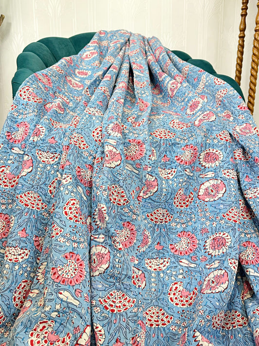 High Quality Hand dyed Shibori Kantha Throws in 100% Cotton-Pastel Blue Pink Garden Petals