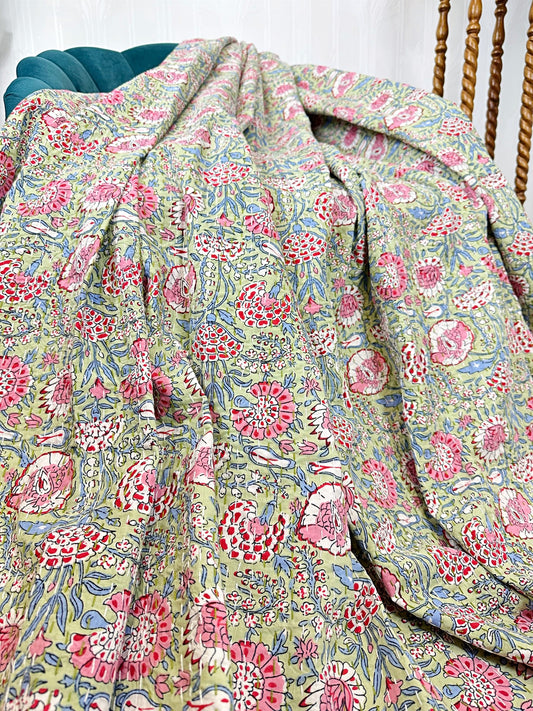 High Quality Hand dyed Shibori Kantha Throws in 100% Cotton-Pastel Green Pink Garden Petals