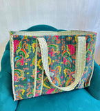 Quilted Velvet Cotton Reversible Oversize Tote Bag |  Hunter Green Floral