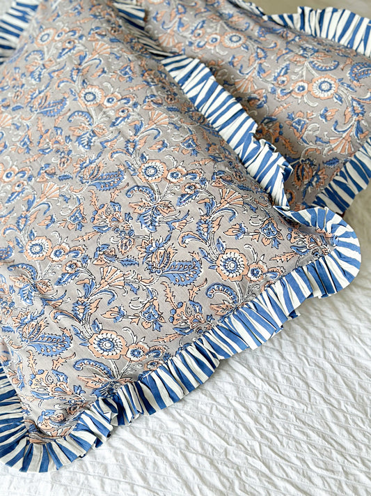 Cotton Pillow Cover grey and blue flower print