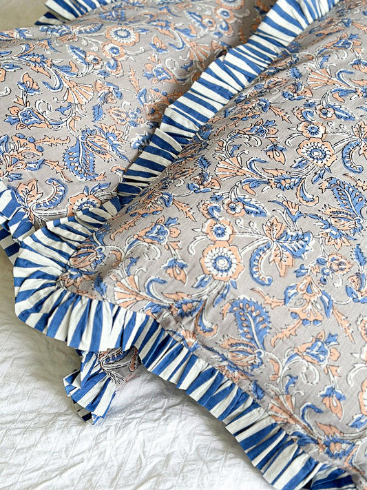 Cotton Pillow Cover grey and blue flower print