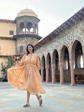 Elegant Block print Midi Dress stitched to be your next comfy dress this Summer in Turmeric Yellow Wisconsin Floral
