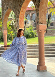 Elegant Block print Midi Dress stitched to be your next comfy dress this Summer in Slate Denim Steel Blue Gingko Floral