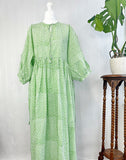 Elegant Block print Midi Dress stitched to be your next comfy dress this Summer in Fresh Leaf Green Star Petal Motif