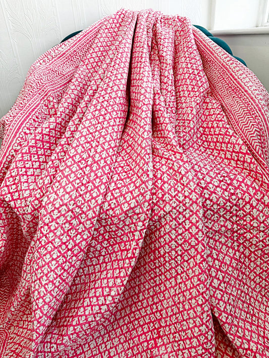 High Quality Hand dyed Shibori Kantha Throws in 100% Cotton- White Pink Jaipur Floral Pottery Mughal Mini Motif