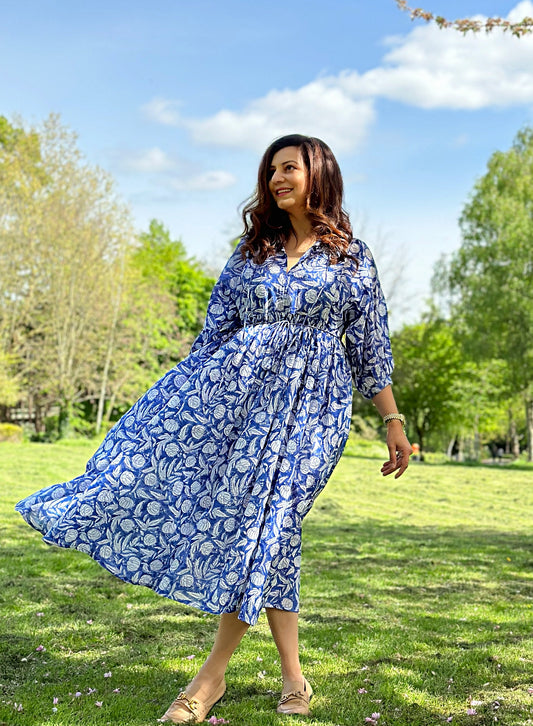 Elegant Block print Midi Dress stitched to be your next comfy dress this Summer in Pastel Oceania Blue White Lotus Goddess Floral