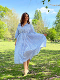 Elegant Block print Midi Dress stitched to be your next comfy dress this Summer in Soft Corn Blue Polka Dreamy Era