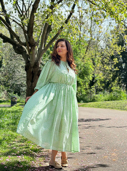 Elegant Block print Midi Dress stitched to be your next comfy dress this Summer in Fresh Leaf Green Star Petal Motif