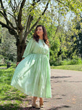 Elegant Block print Midi Dress stitched to be your next comfy dress this Summer in Fresh Leaf Green Star Petal Motif