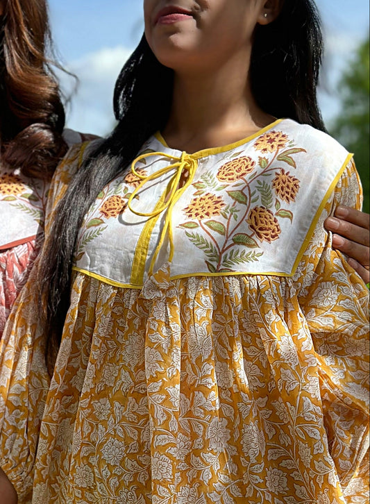 Elegant Cotton Dress with Neck Patch Detail Floral love mustard