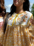 Elegant Cotton Dress with Neck Patch Detail Floral love mustard