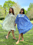 Elegant Cotton Dress with Neck Patch Detail Floral love green