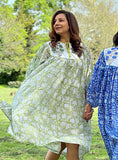 Elegant Cotton Dress with Neck Patch Detail Floral love green