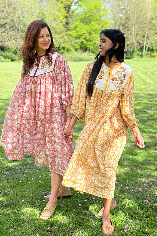 Elegant Cotton Dress with Neck Patch Detail Floral love mustard