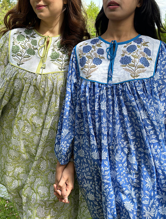 Elegant Cotton Dress with Neck Patch Detail Floral love green