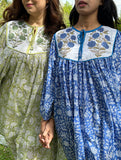 Elegant Cotton Dress with Neck Patch Detail Floral love green