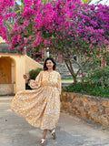 Elegant Block print Midi Dress stitched to be your next comfy dress this Summer in Turmeric Yellow Wisconsin Floral