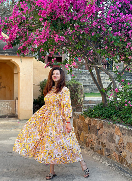 Elegant Block print Midi Dress stitched to be your next comfy dress this Summer in Sunshine Yellow White Floral Gardenia