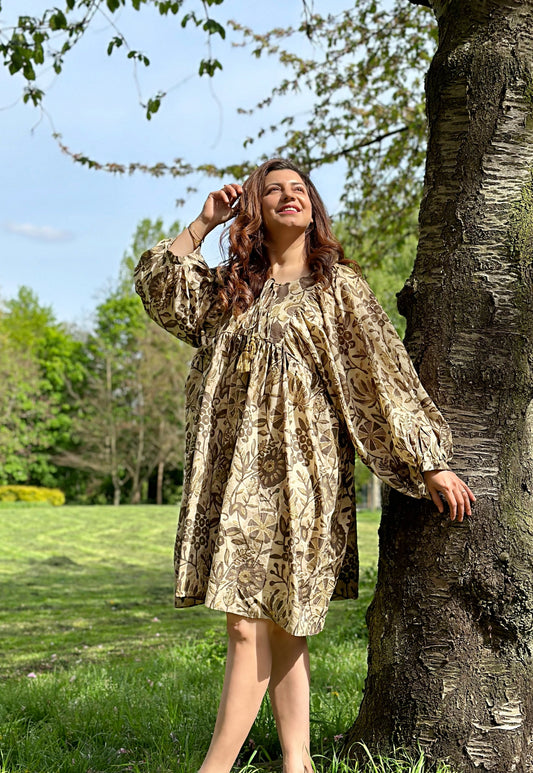 Pure Cotton Dress Indian Artisinal Block Print Boho Colourful Summer Quirky Comfy Daywear Beach Outfit Turmeric Beige Brown Choklate | Beetle Leaf