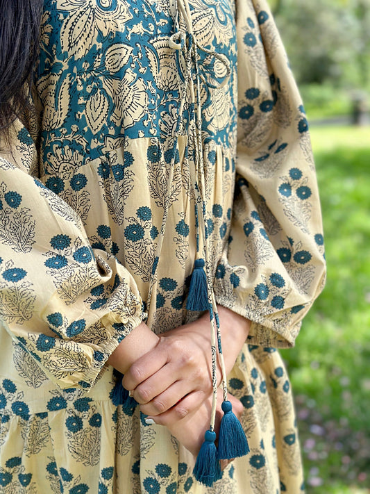 Pure Cotton Maxi Dress Indian Block Bagru Print Summer Earthy Nature Goddess Comfy Daywear Boho Beach Outfit | Beige Teal Blue Floral