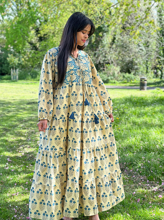 Pure Cotton Maxi Dress Indian Block Bagru Print Summer Earthy Nature Goddess Comfy Daywear Boho Beach Outfit | Beige Teal Blue Floral