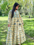 Pure Cotton Maxi Dress Indian Block Bagru Print Summer Earthy Nature Goddess Comfy Daywear Boho Beach Outfit | Beige Teal Blue Floral