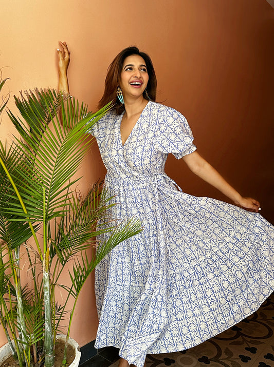 Pure Cotton Long Maxi Dress Indian Block Print Summer Pretty Daywear Outfit White Blue vibes |