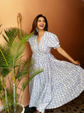 Pure Cotton Long Maxi Dress Indian Block Print Summer Pretty Daywear Outfit White Blue vibes |