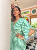 Elegant Block print Midi Dress in Green Stripe White Tulip Sleeve