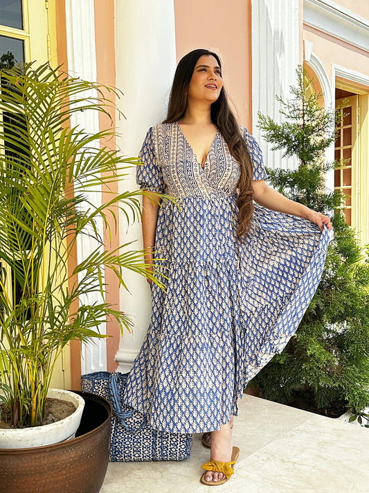 Pure Cotton Long Maxi Dress Indian Block Print Summer Pretty Daywear Outfit Blue Vibes Custard Leaf |